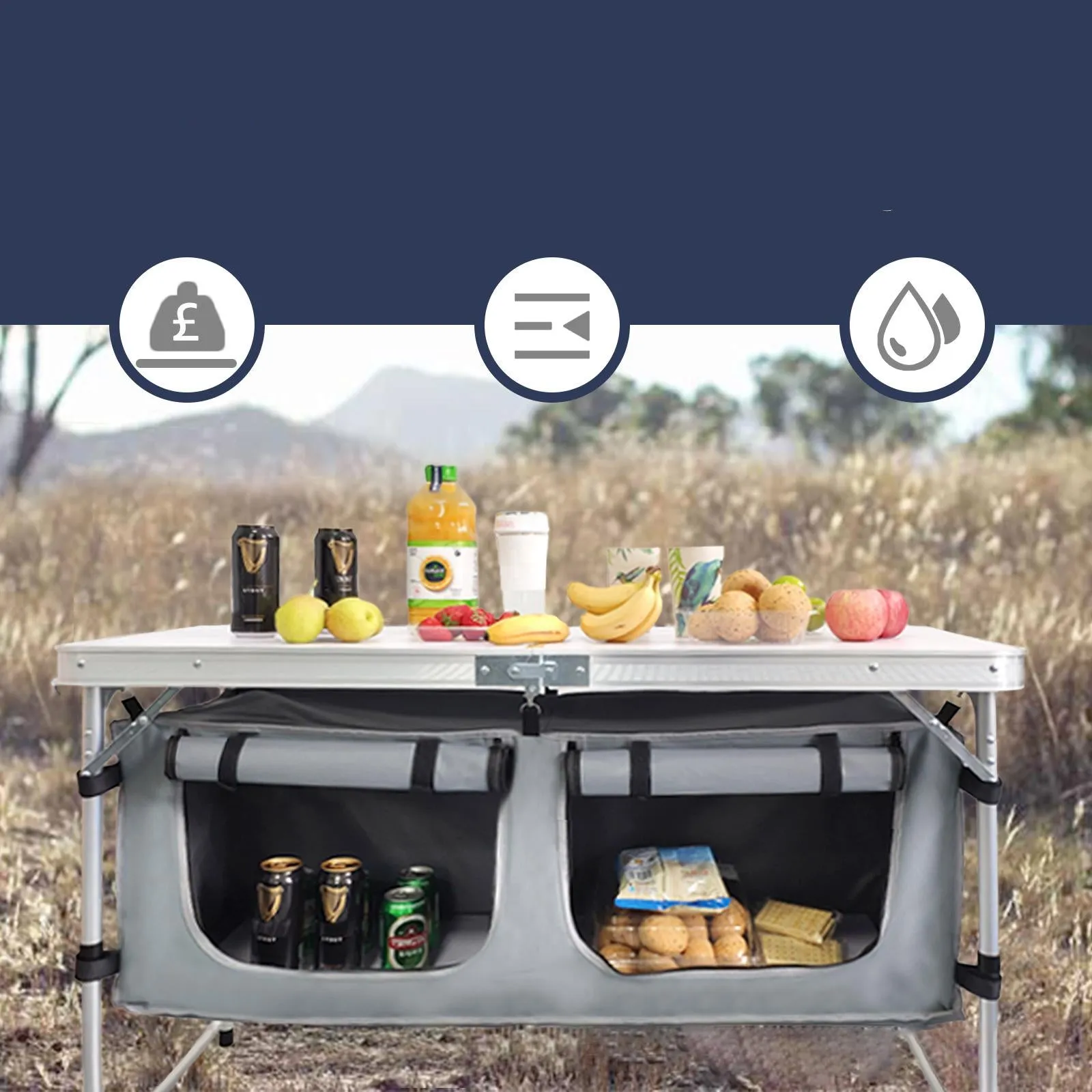 (120x47x70cm) Folding aluminum camping table with removable storage bag for travel / festivals / picnics - White / Silver