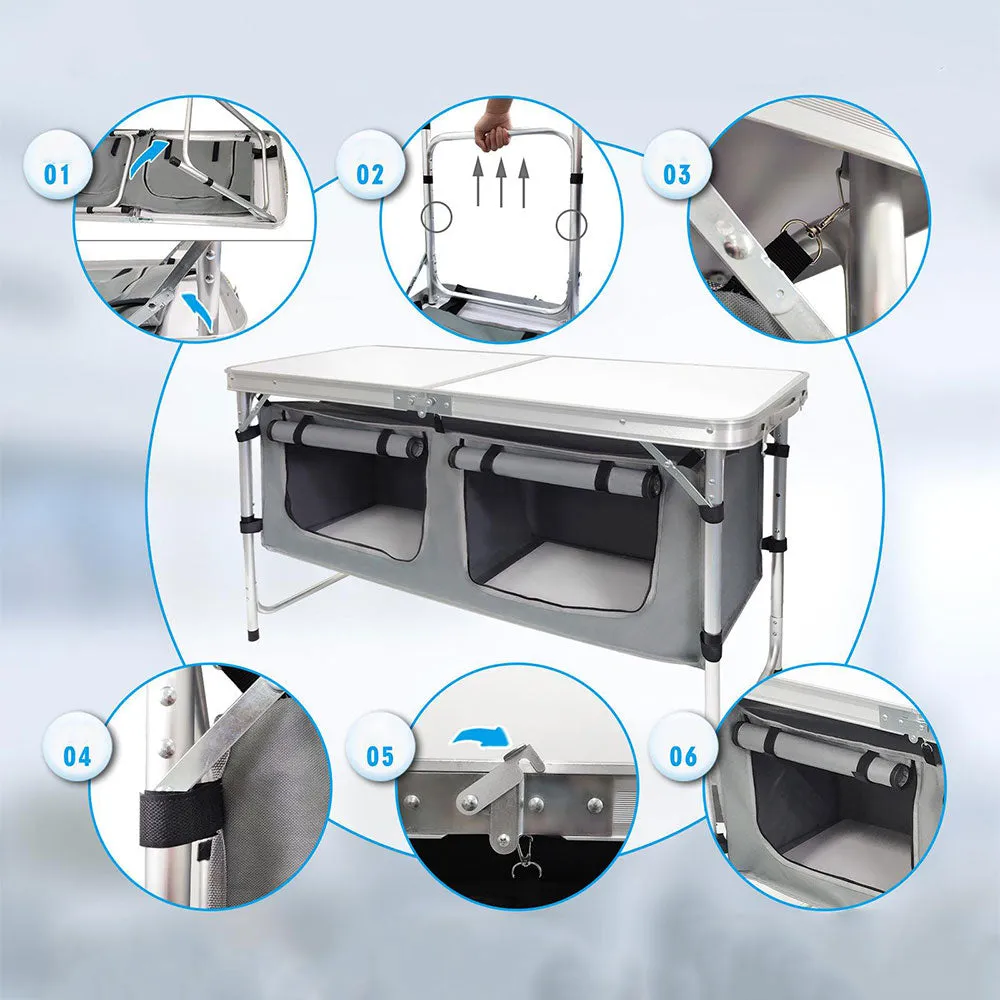 (120x47x70cm) Folding aluminum camping table with removable storage bag for travel / festivals / picnics - White / Silver