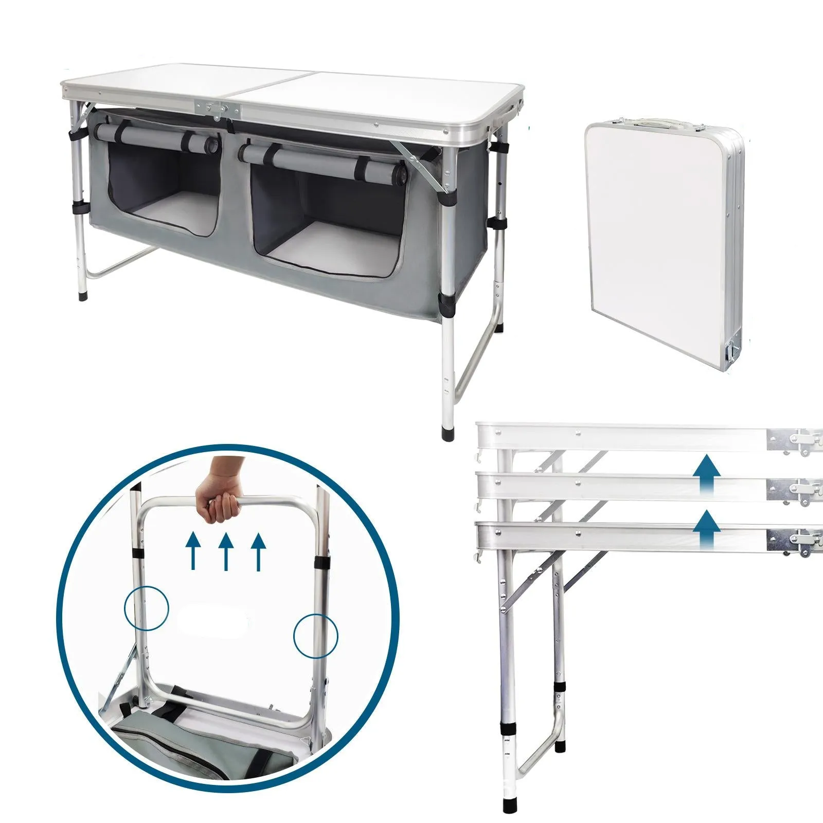 (120x47x70cm) Folding aluminum camping table with removable storage bag for travel / festivals / picnics - White / Silver