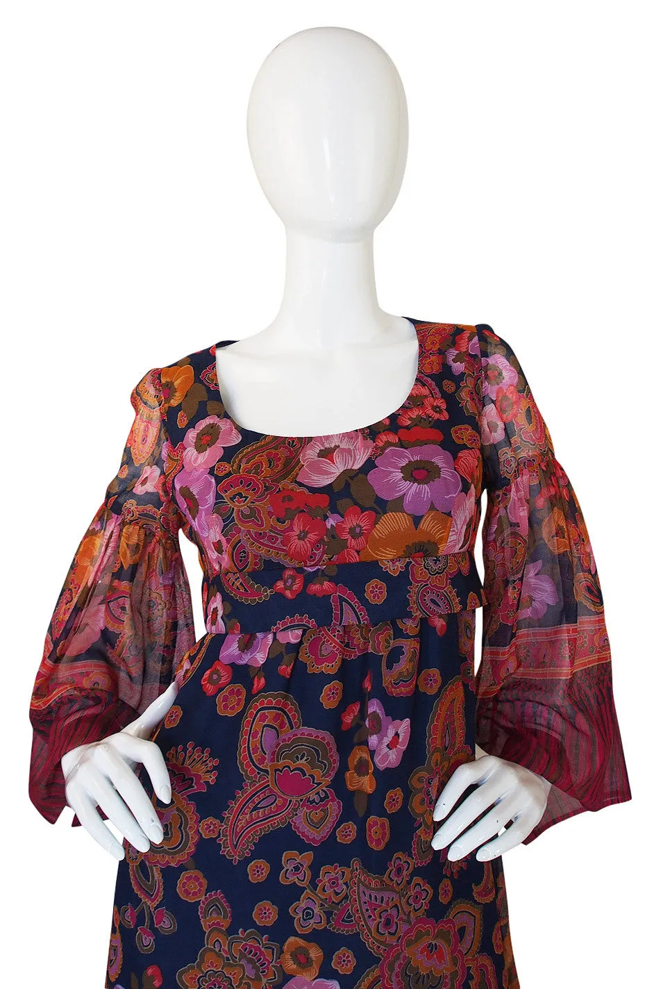 1960s Gorgeous Silk Voile Print Maxi Dress