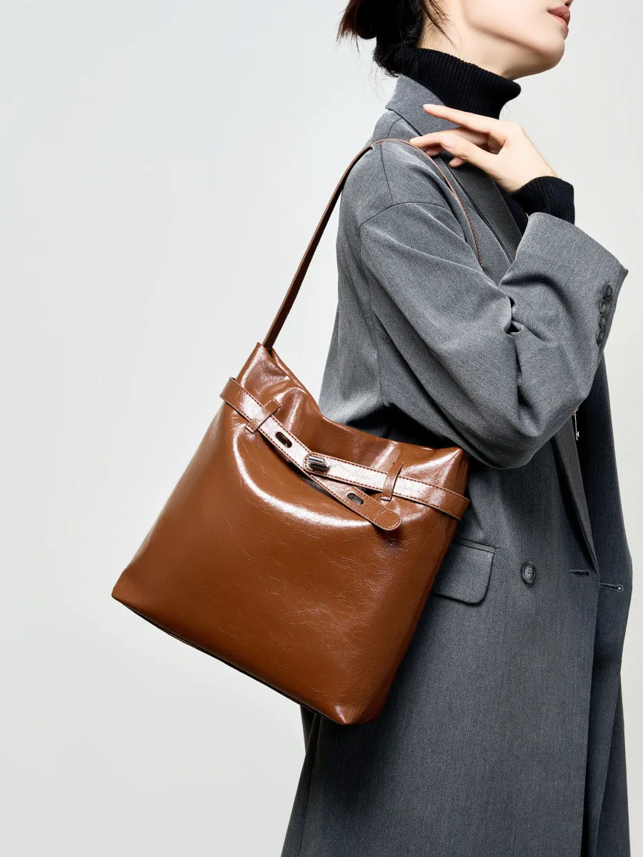 28CM genuine leather oil wax women's large capacity single shoulder tote bag 2956 coffee