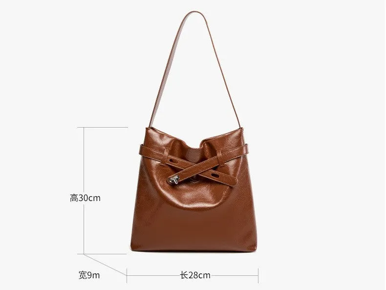 28CM genuine leather oil wax women's large capacity single shoulder tote bag 2956 coffee