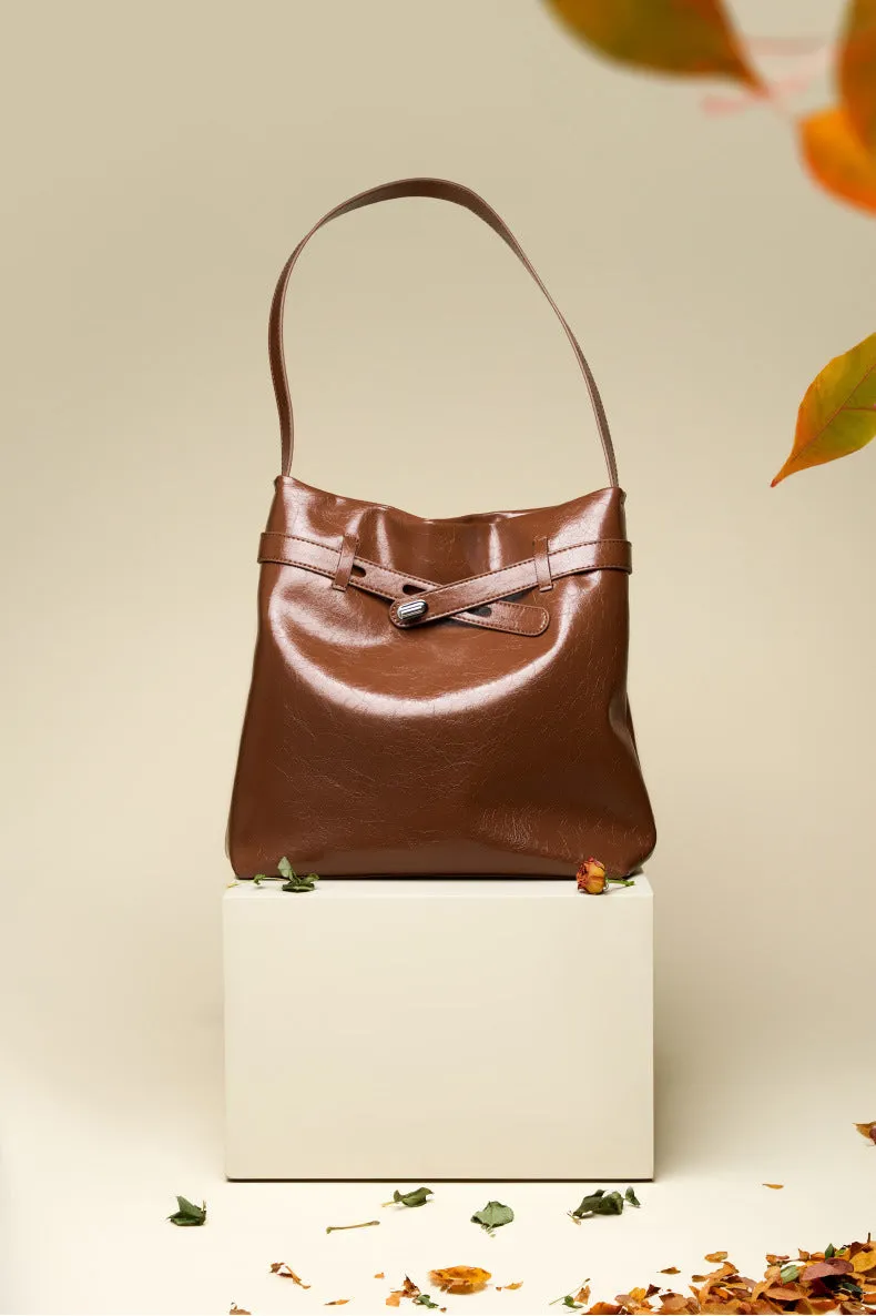 28CM genuine leather oil wax women's large capacity single shoulder tote bag 2956 coffee