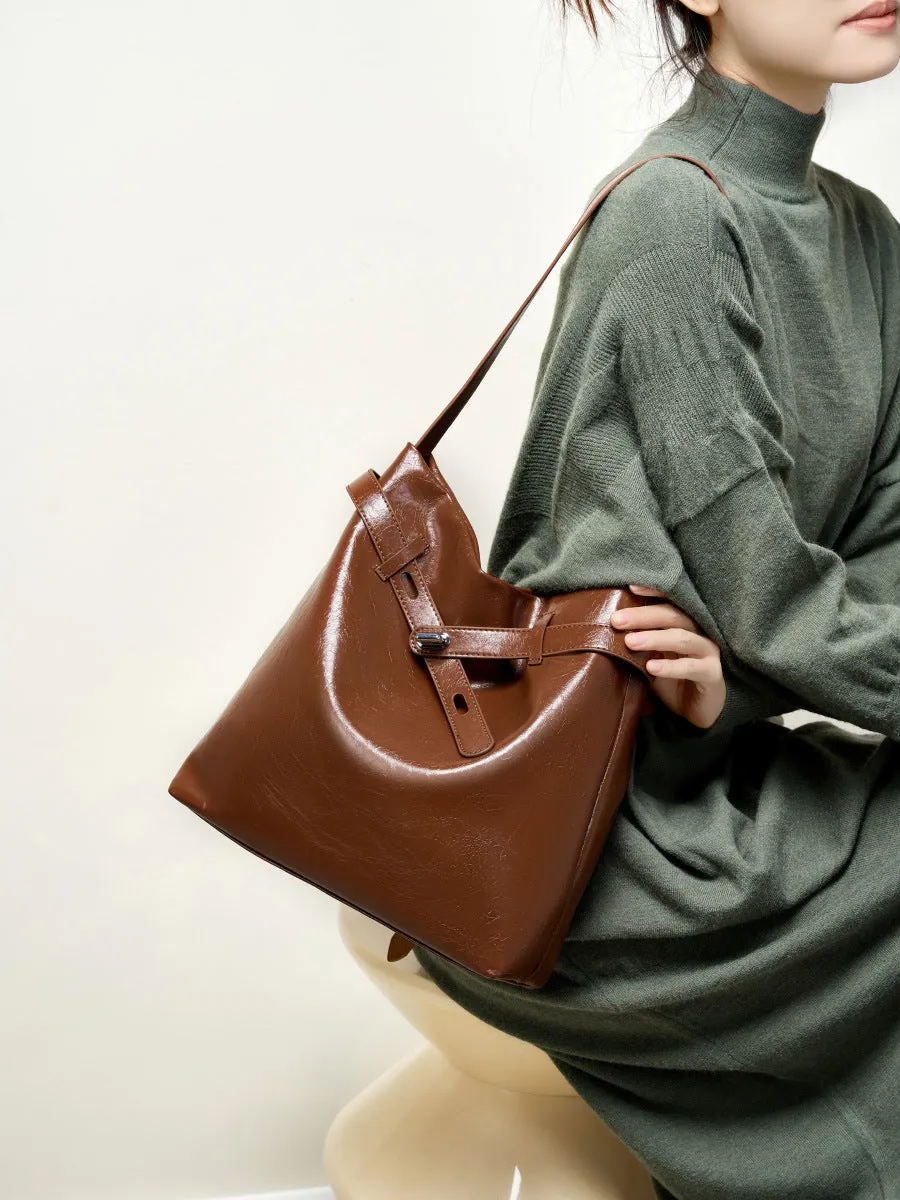 28CM genuine leather oil wax women's large capacity single shoulder tote bag 2956 coffee