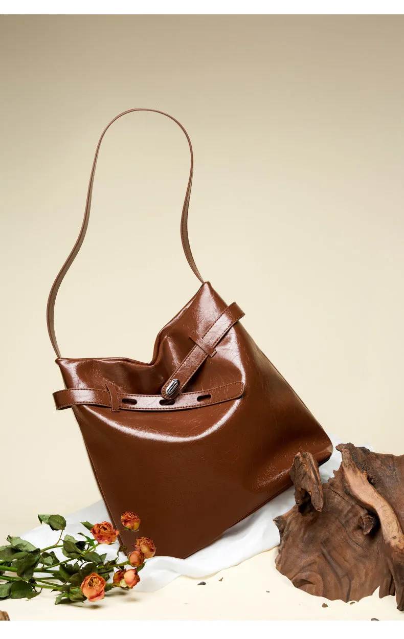 28CM genuine leather oil wax women's large capacity single shoulder tote bag 2956 coffee