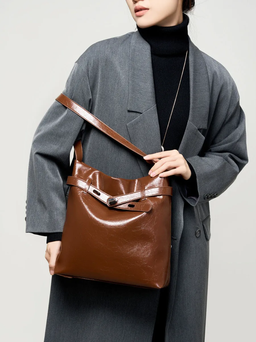 28CM genuine leather oil wax women's large capacity single shoulder tote bag 2956 coffee