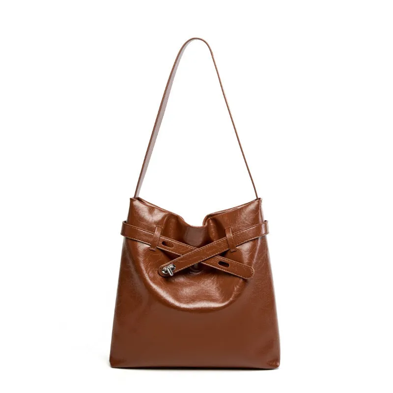 28CM genuine leather oil wax women's large capacity single shoulder tote bag 2956 coffee