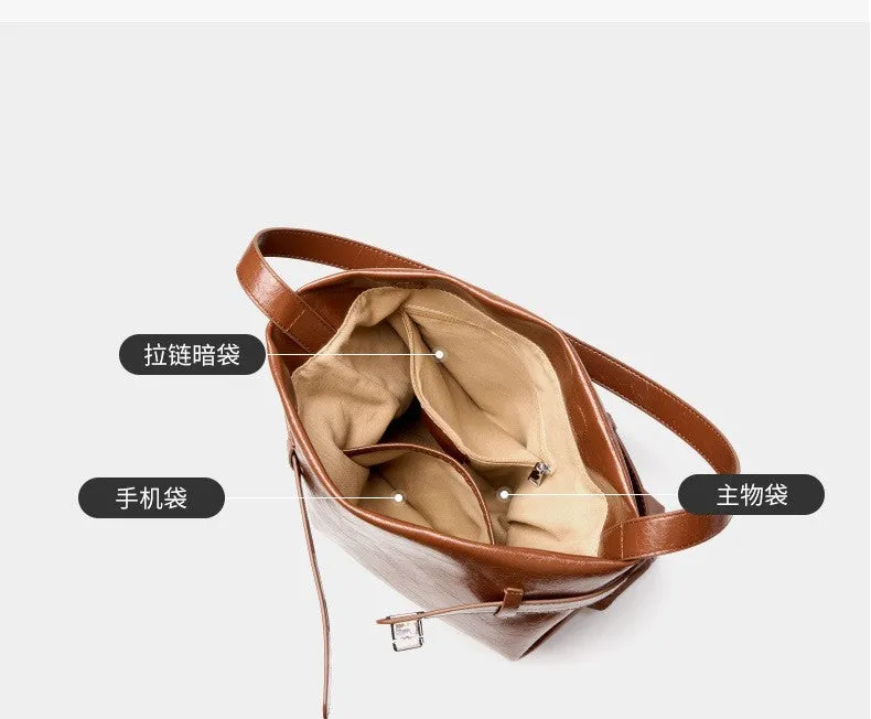 28CM genuine leather oil wax women's large capacity single shoulder tote bag 2956 coffee