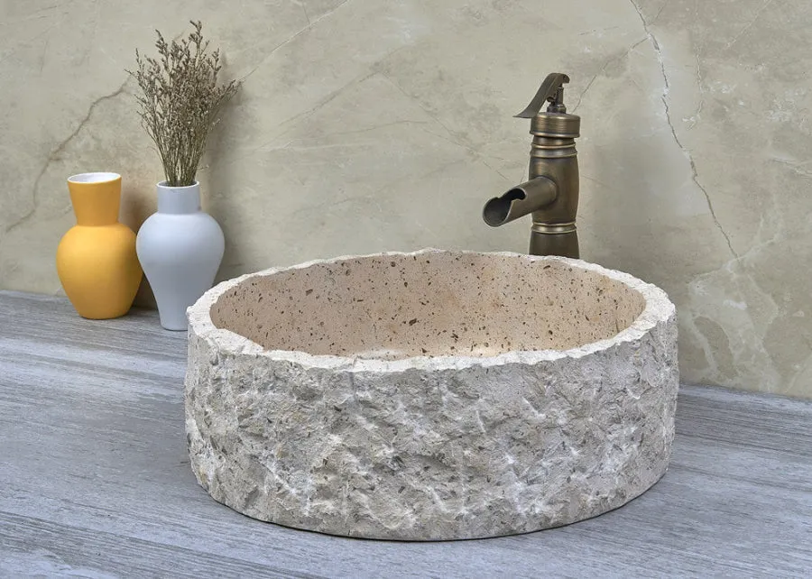 420x420x140mm Above Counter Basin Marble Surface Bathroom Round Stone Wash Basin Vintage Antique