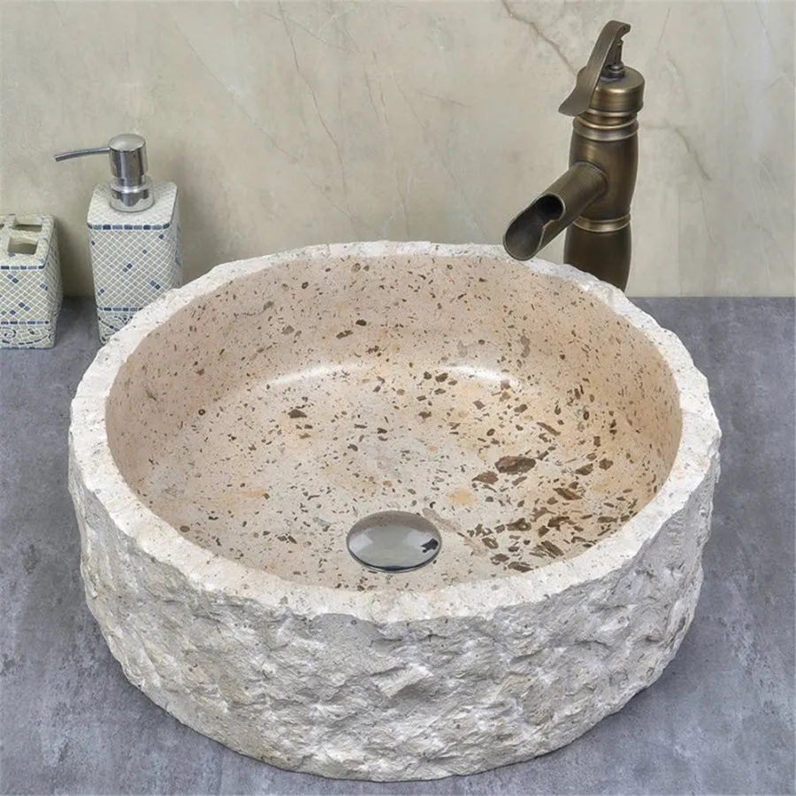 420x420x140mm Above Counter Basin Marble Surface Bathroom Round Stone Wash Basin Vintage Antique