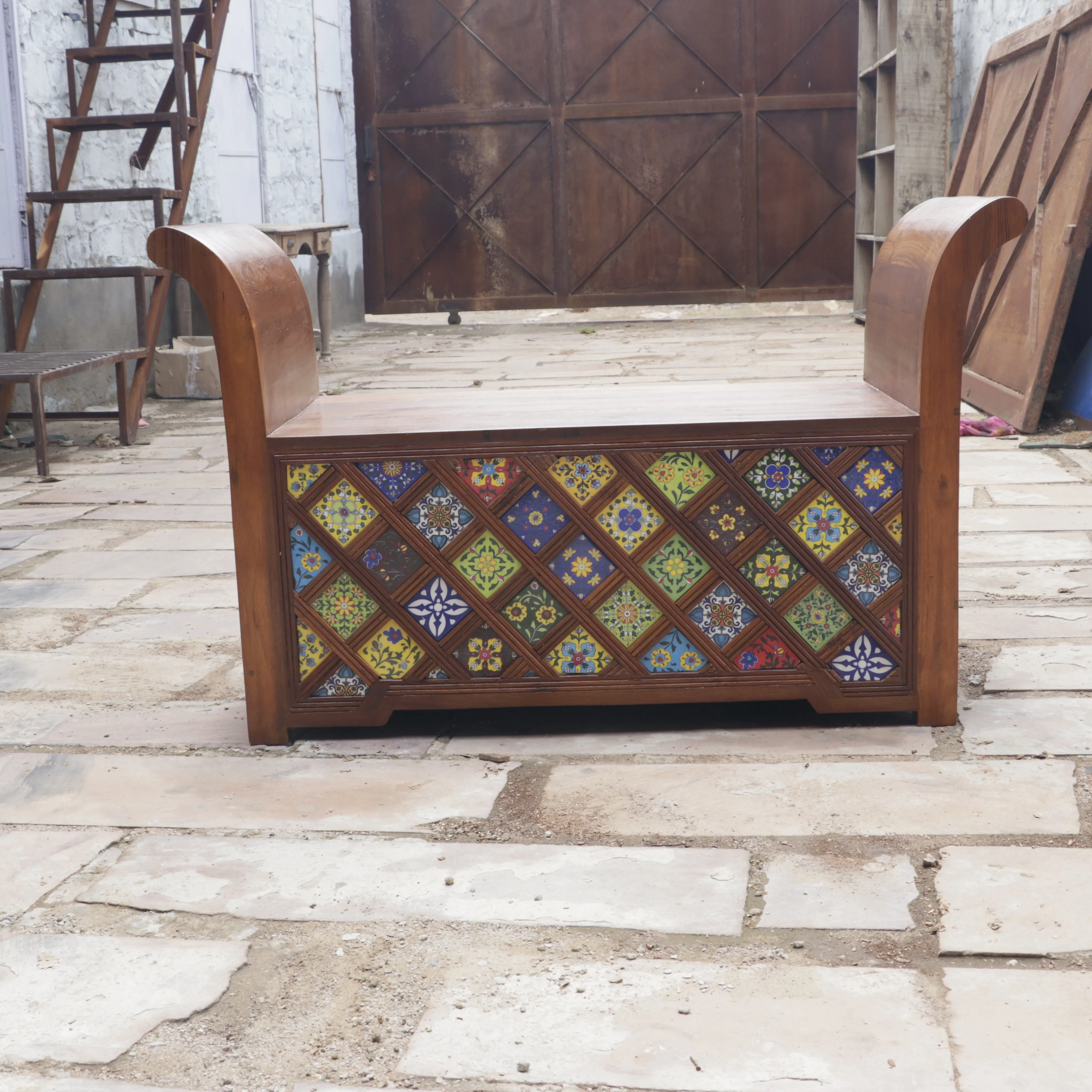 Aesthetic Curved Arm Antique Tiles Wooden Handmade Couch