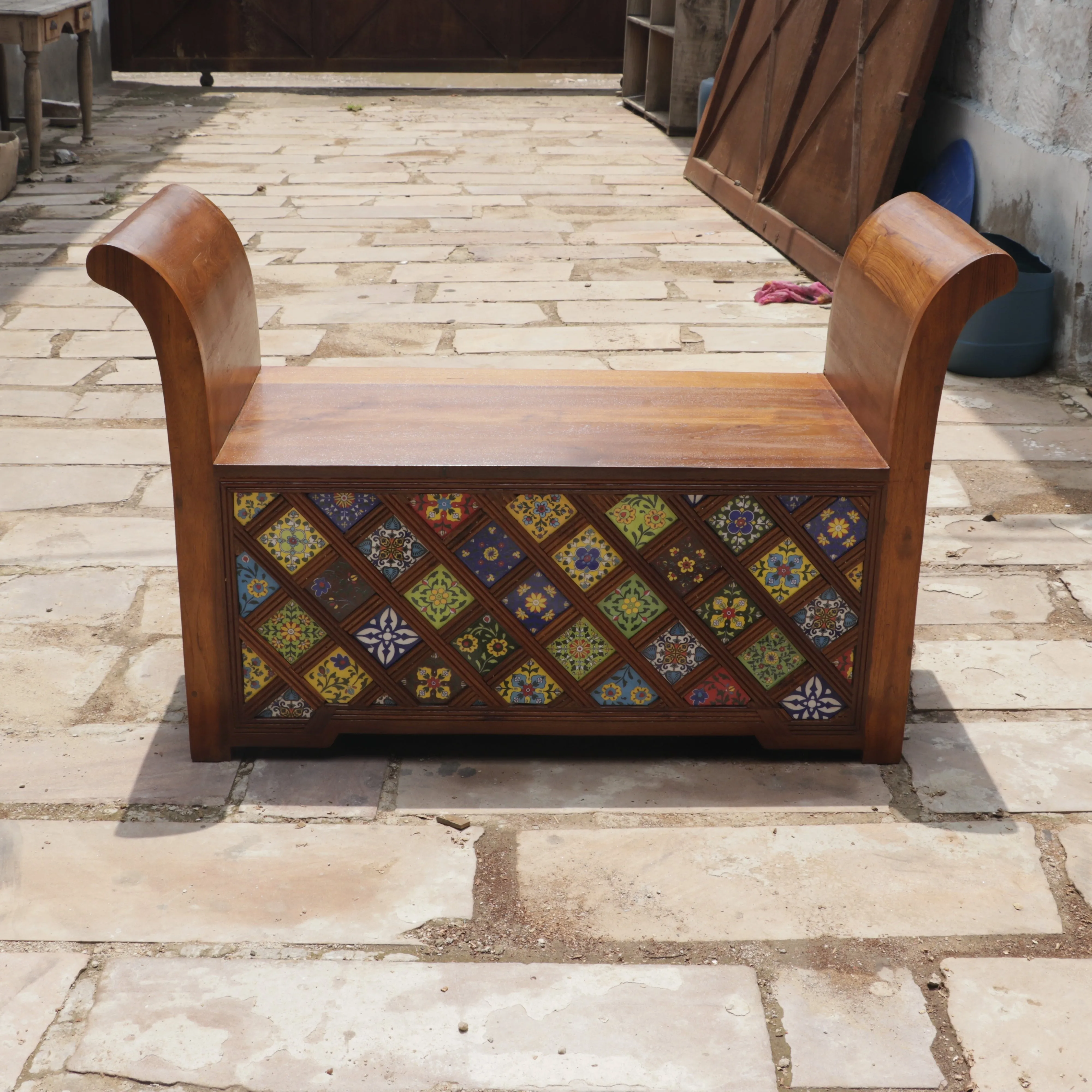 Aesthetic Curved Arm Antique Tiles Wooden Handmade Couch