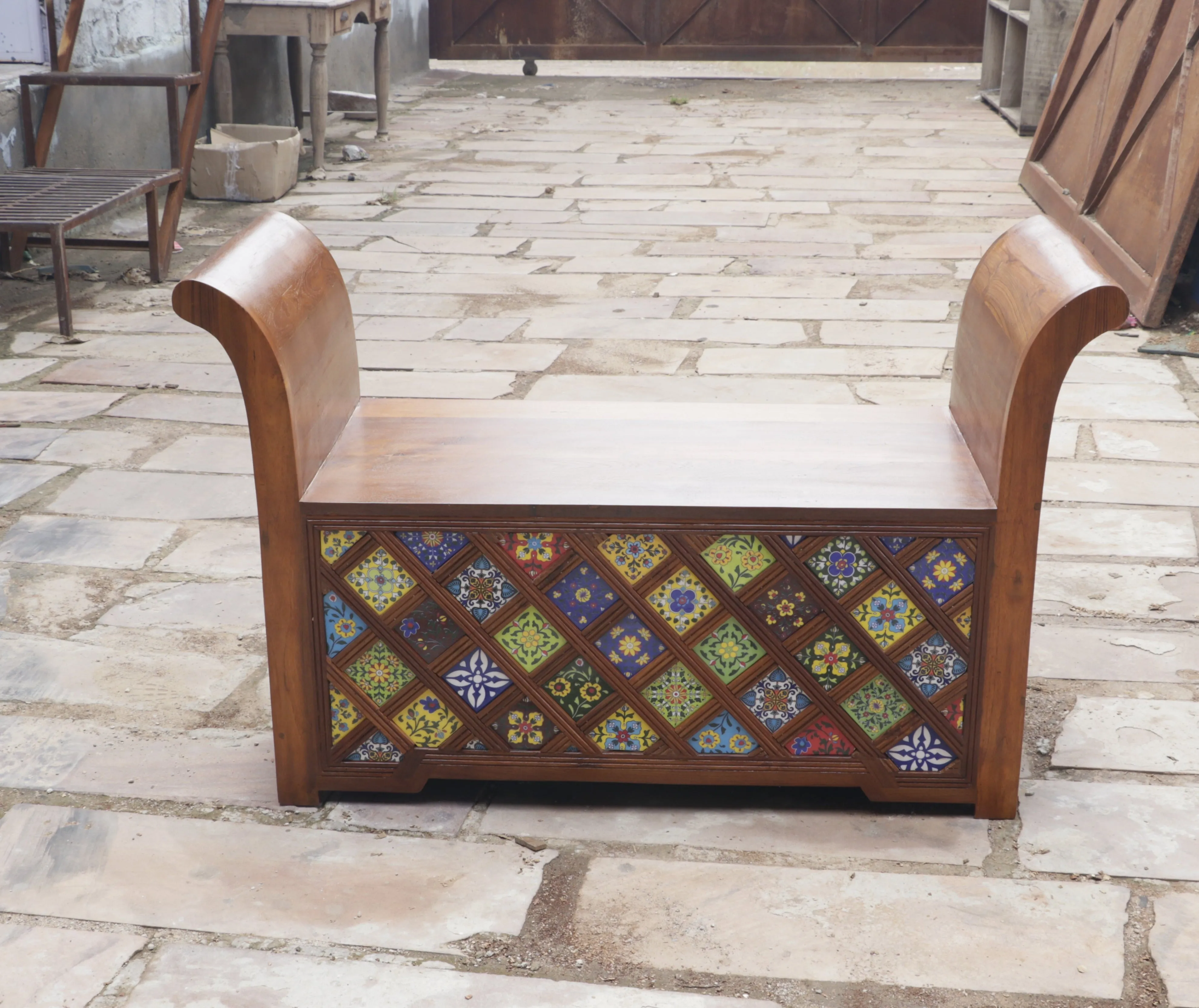 Aesthetic Curved Arm Antique Tiles Wooden Handmade Couch
