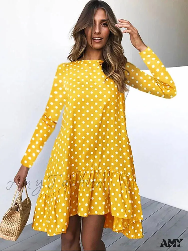 Amy Fashion - Fashion Polka Dot Chiffon Long Sleeve O Neck Ruffle Dress