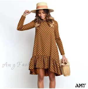 Amy Fashion - Fashion Polka Dot Chiffon Long Sleeve O Neck Ruffle Dress
