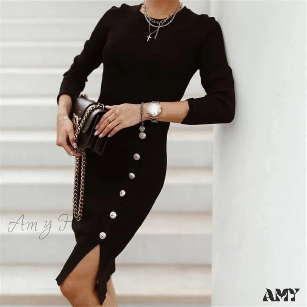 Amy Fashion - Sexy Bodycon Slit Knitted Long Sleeve High Waist Dress