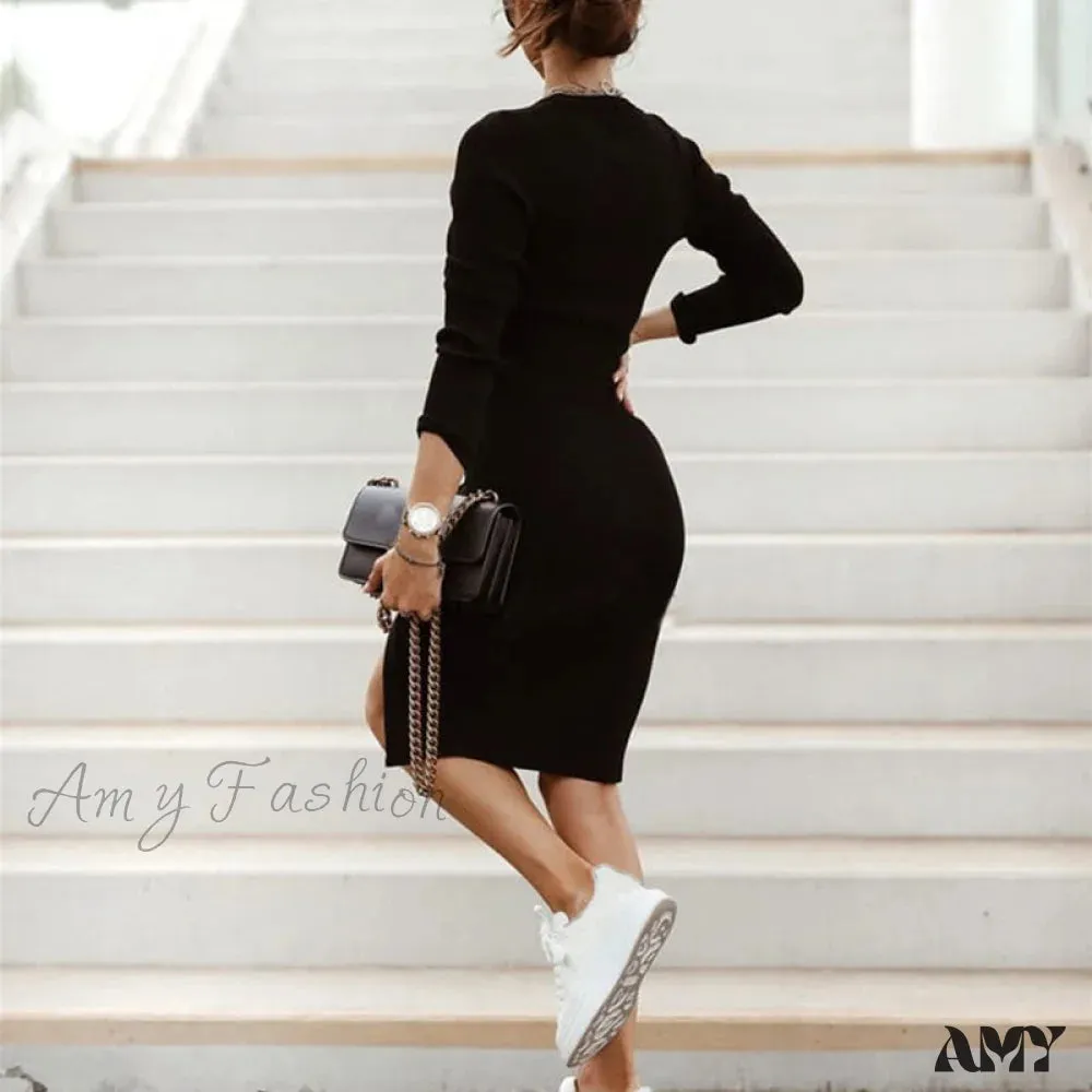 Amy Fashion - Sexy Bodycon Slit Knitted Long Sleeve High Waist Dress