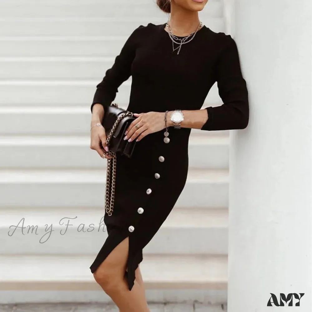 Amy Fashion - Sexy Bodycon Slit Knitted Long Sleeve High Waist Dress