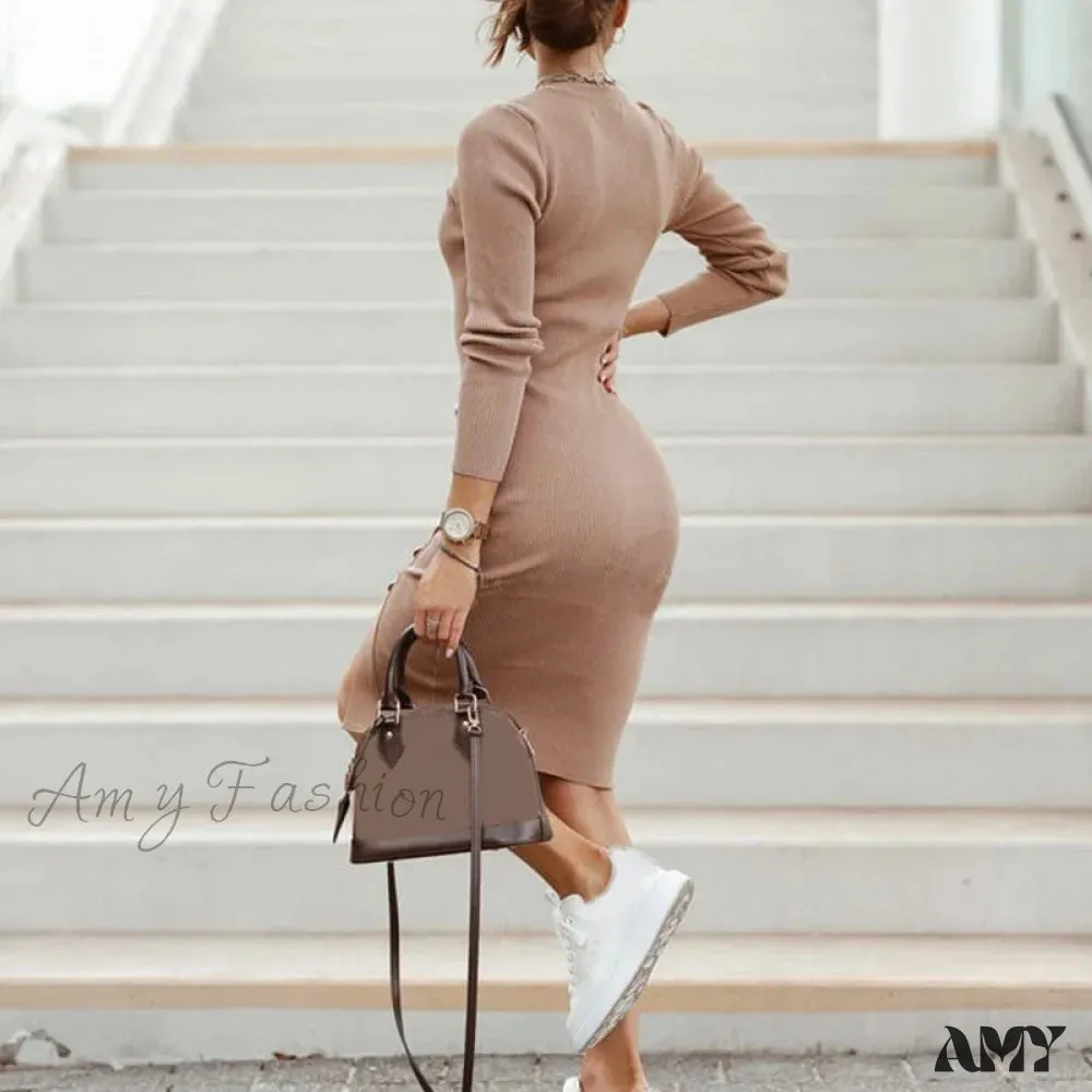Amy Fashion - Sexy Bodycon Slit Knitted Long Sleeve High Waist Dress