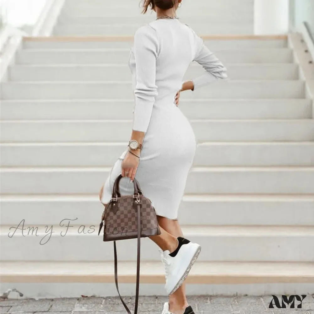 Amy Fashion - Sexy Bodycon Slit Knitted Long Sleeve High Waist Dress