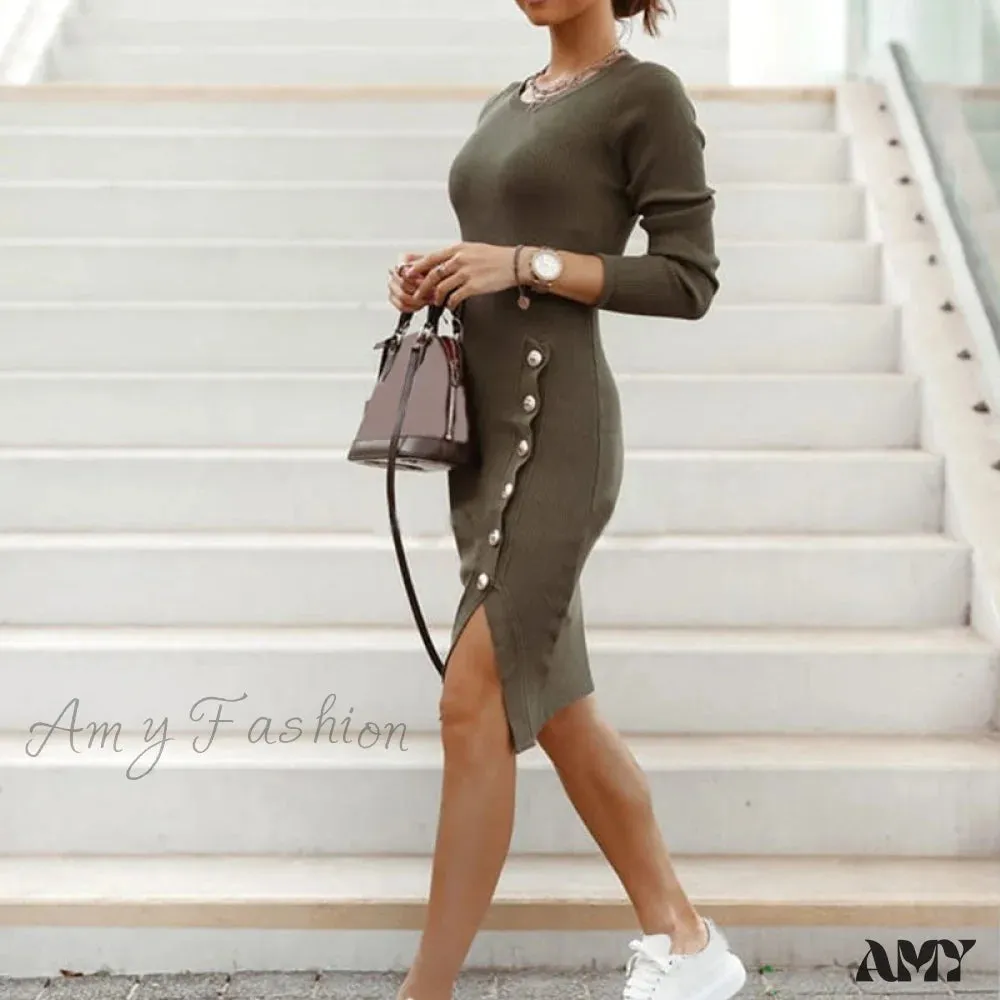 Amy Fashion - Sexy Bodycon Slit Knitted Long Sleeve High Waist Dress