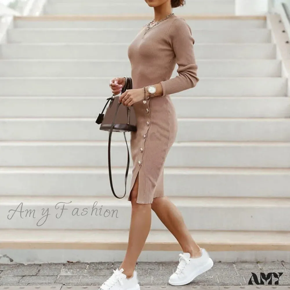 Amy Fashion - Sexy Bodycon Slit Knitted Long Sleeve High Waist Dress