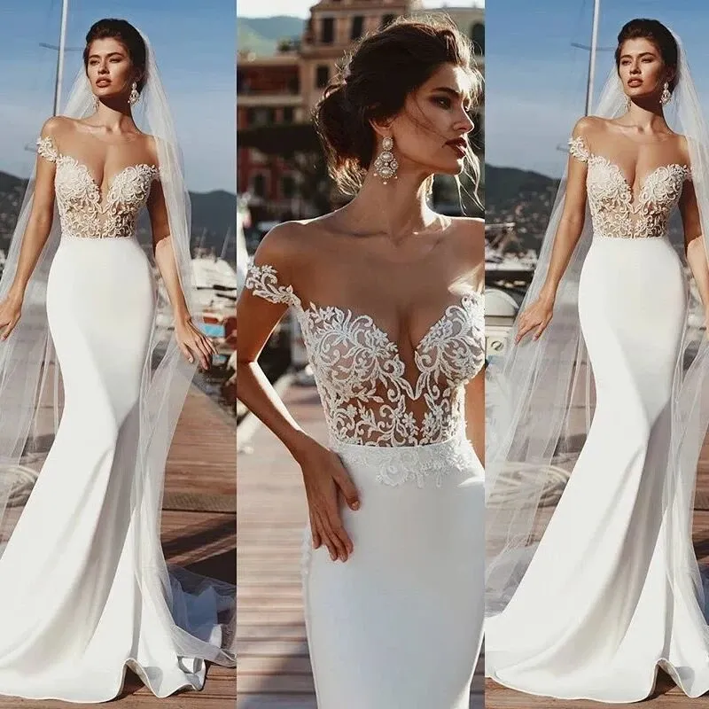 Anneprom Mermaid Cap Sleeves Sheer Neck Long Wedding Dress APW0256