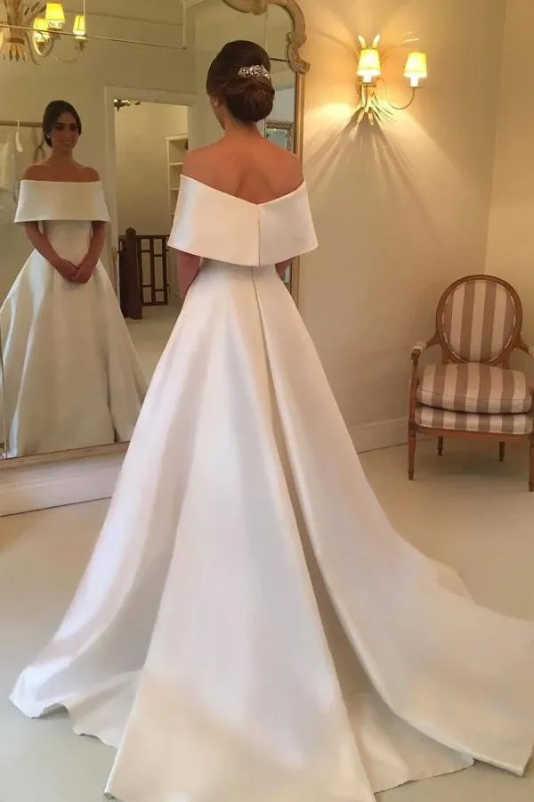 Anneprom Simple Satin A Line Off the Shoulder Cheap Bridal Gown, Ivory Wedding Dresses APW0260