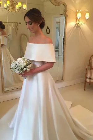 Anneprom Simple Satin A Line Off the Shoulder Cheap Bridal Gown, Ivory Wedding Dresses APW0260