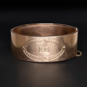 ANTIQUE 14k ROSE GOLD CUFF BRACELET 1in WIDE 35.5gm VICTORIAN ENGRAVED MONOGRAM