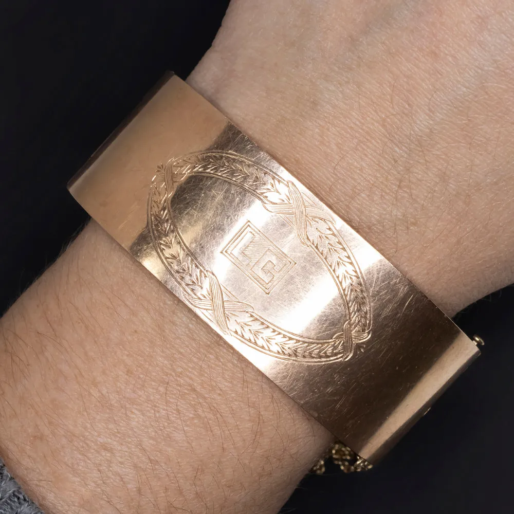 ANTIQUE 14k ROSE GOLD CUFF BRACELET 1in WIDE 35.5gm VICTORIAN ENGRAVED MONOGRAM