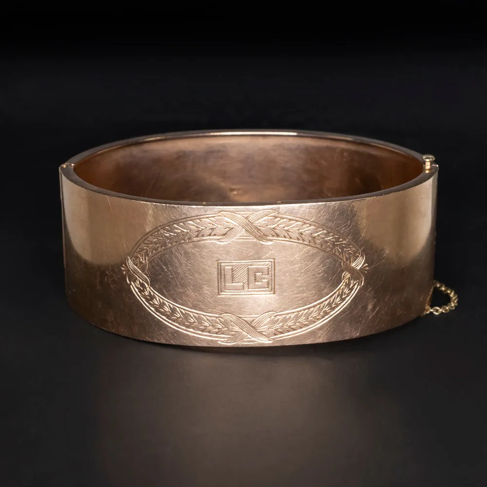 ANTIQUE 14k ROSE GOLD CUFF BRACELET 1in WIDE 35.5gm VICTORIAN ENGRAVED MONOGRAM