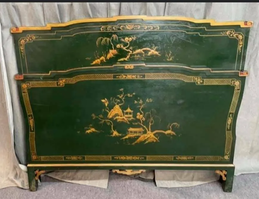 Antique Chinoiserie Bed, Lacquered & Paint Decorated Bed, Aisan Theme, 1900's!