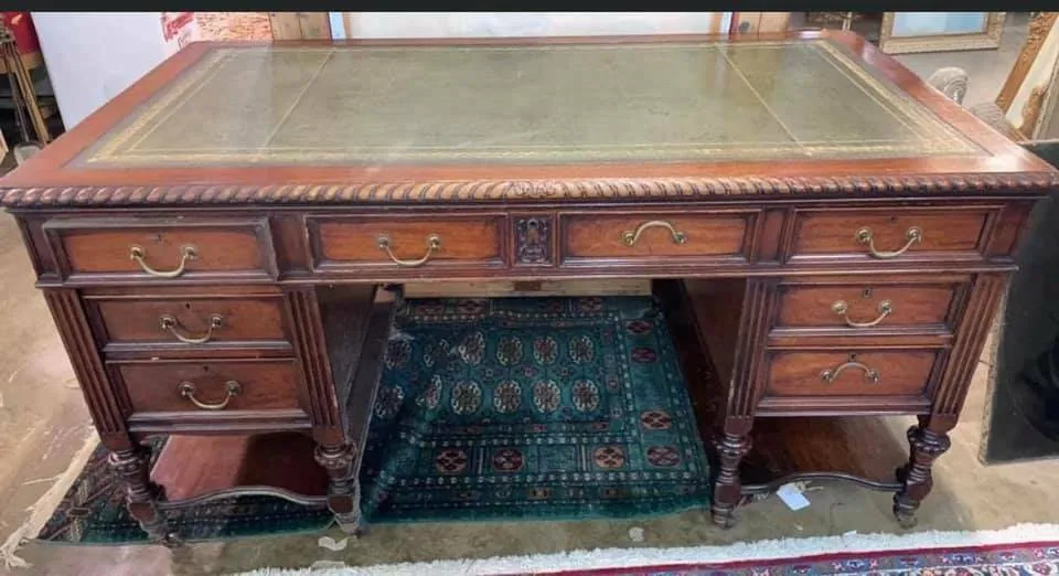 Antique Desk, Leather Top, Mahogany Hobbs & CO Lawyers Desk, Carved, Early 1900s