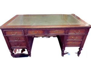 Antique Desk, Leather Top, Mahogany Hobbs & CO Lawyers Desk, Carved, Early 1900s