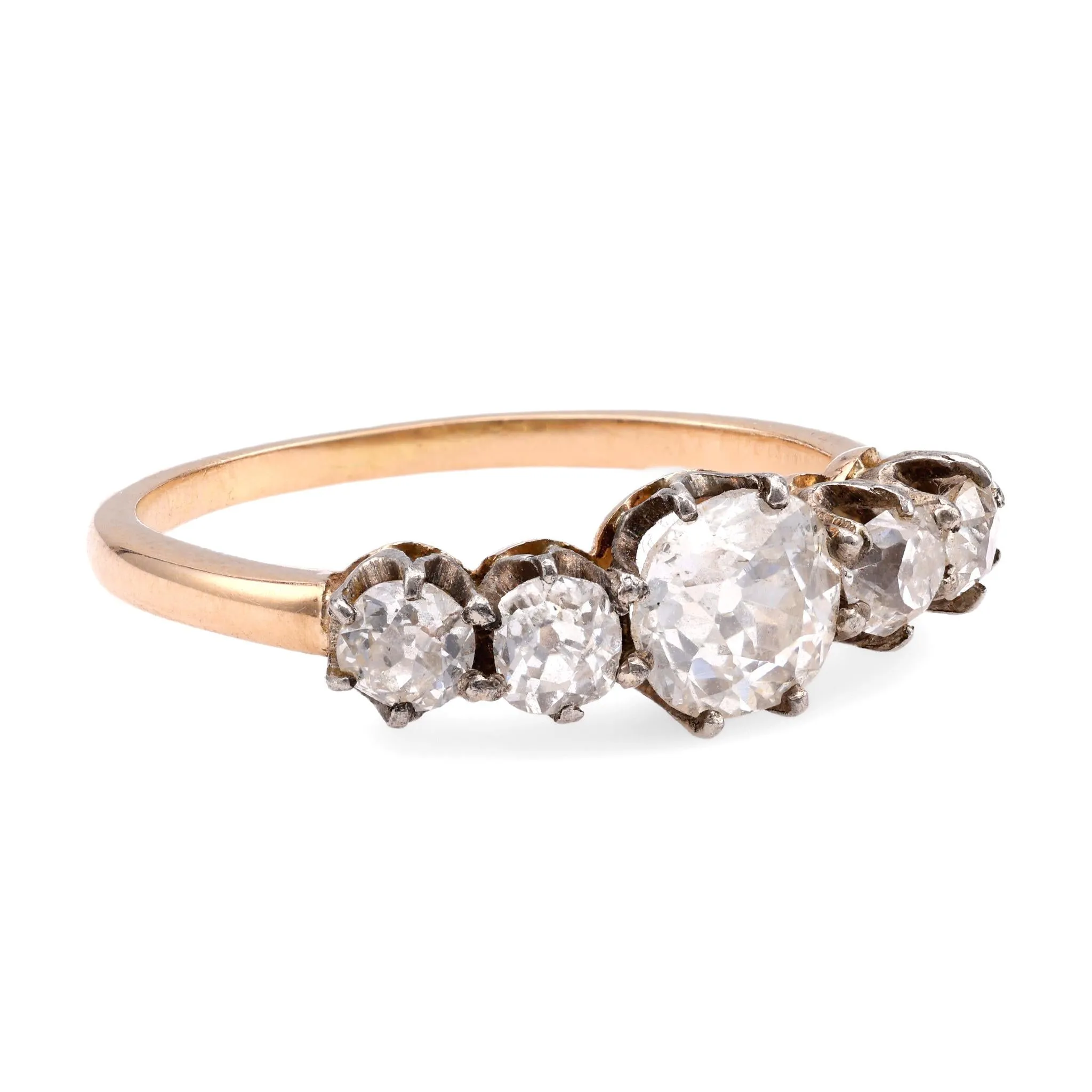 Antique Diamond 14K Yellow Gold Silver Five Stone Ring