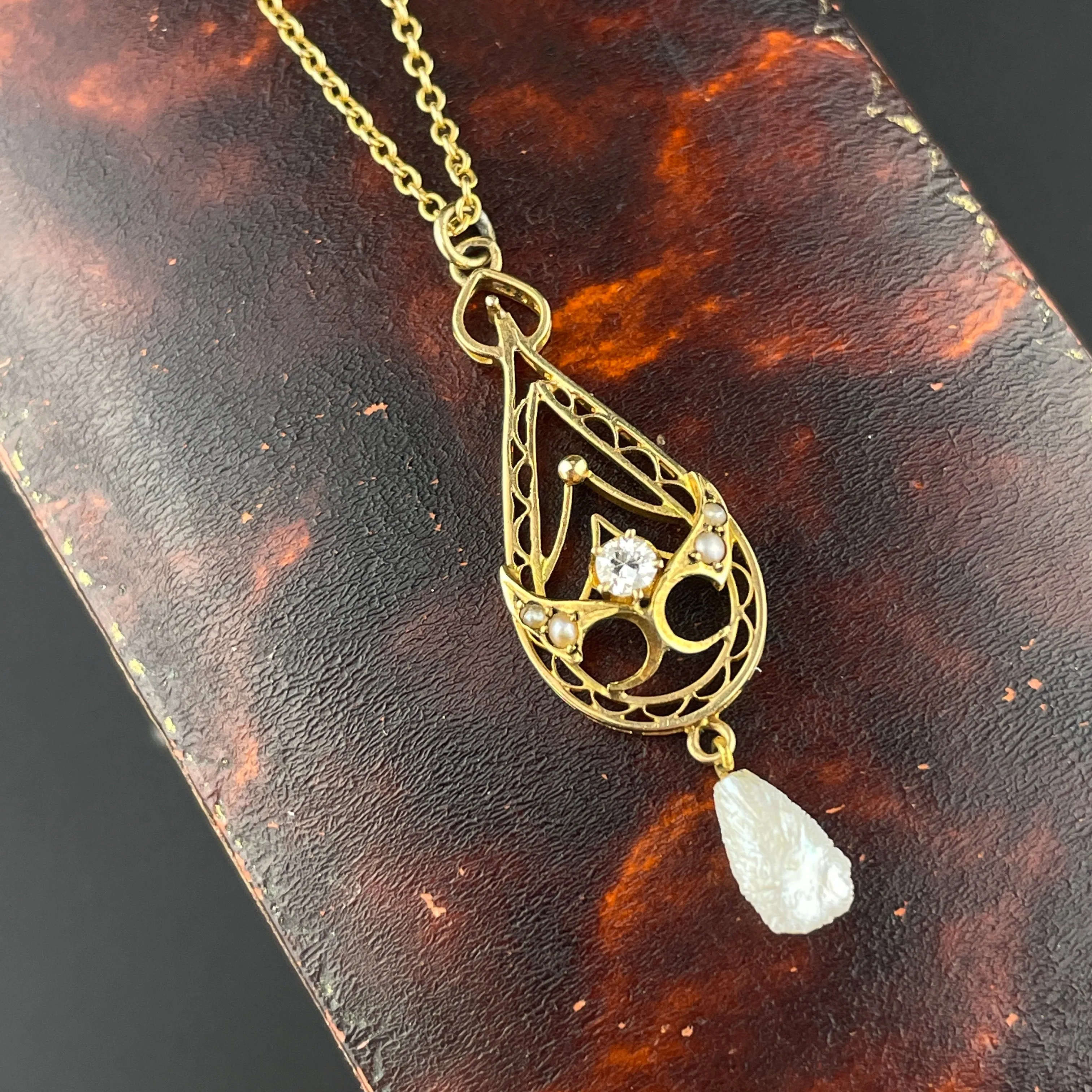 Antique Edwardian 10K Gold Diamond Seed Pearl Lavaliere Necklace