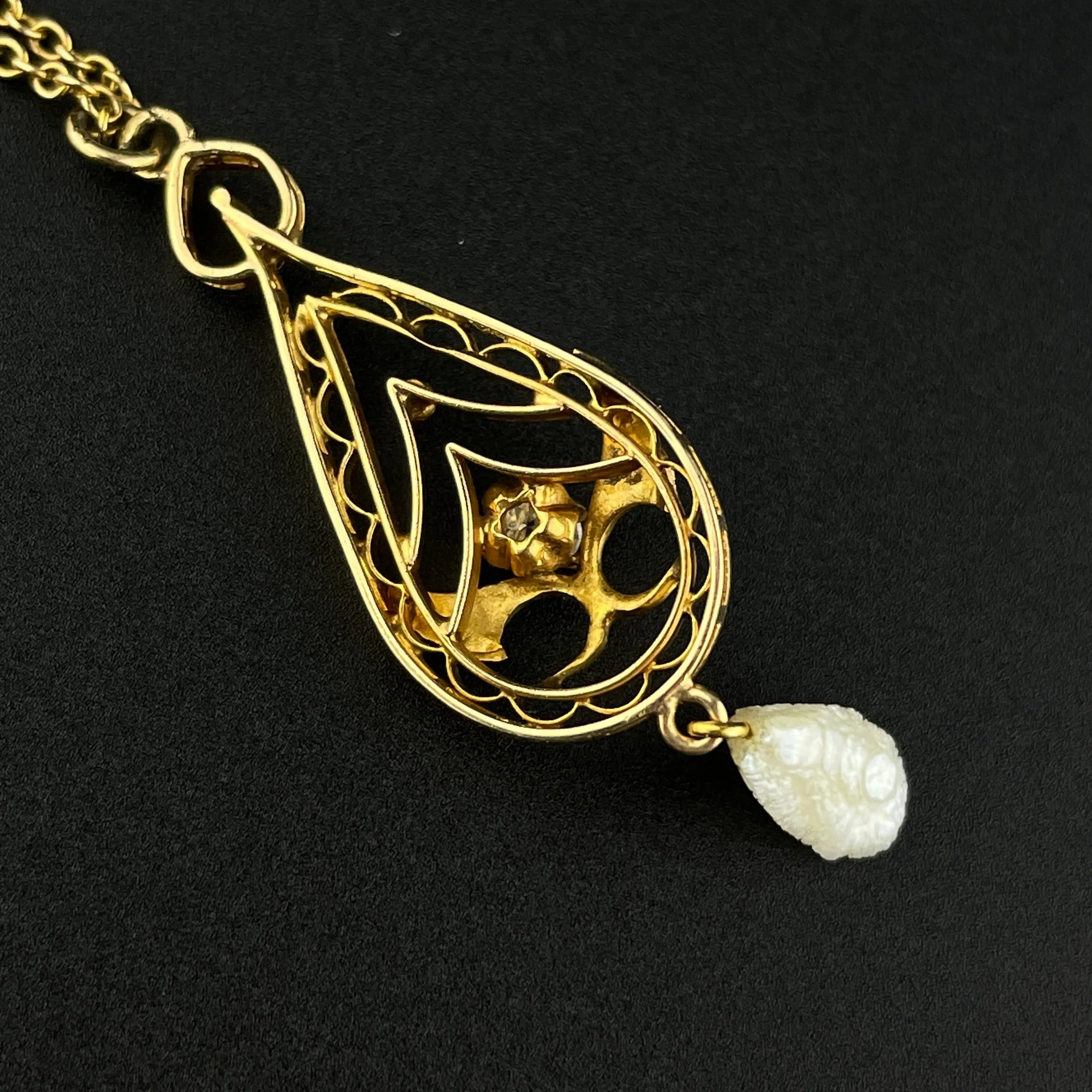 Antique Edwardian 10K Gold Diamond Seed Pearl Lavaliere Necklace
