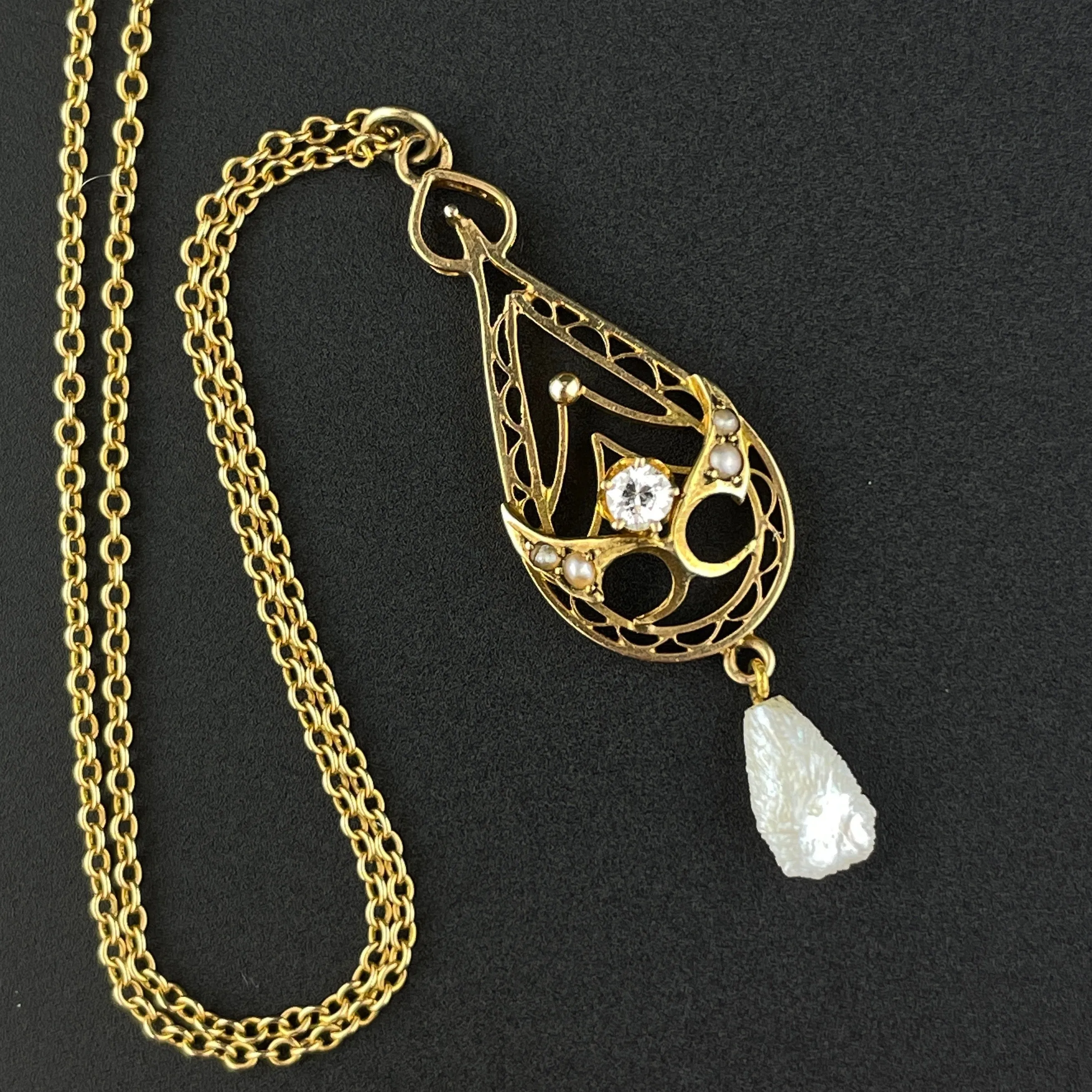 Antique Edwardian 10K Gold Diamond Seed Pearl Lavaliere Necklace