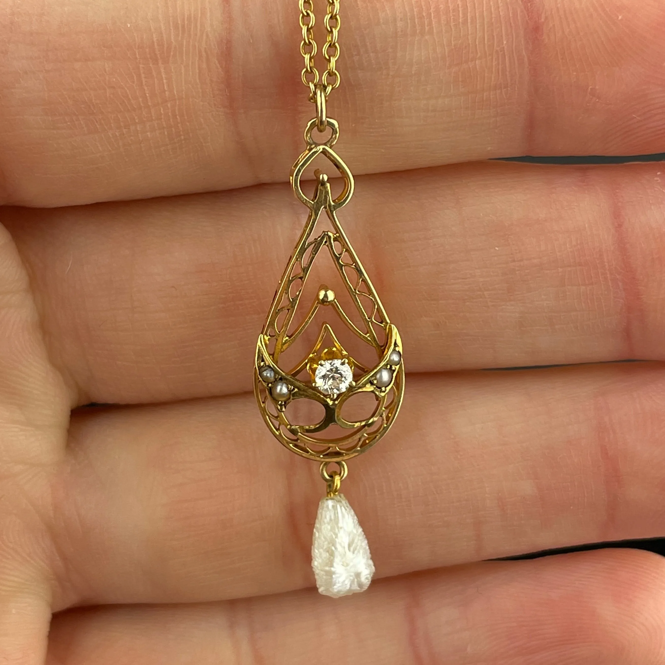 Antique Edwardian 10K Gold Diamond Seed Pearl Lavaliere Necklace