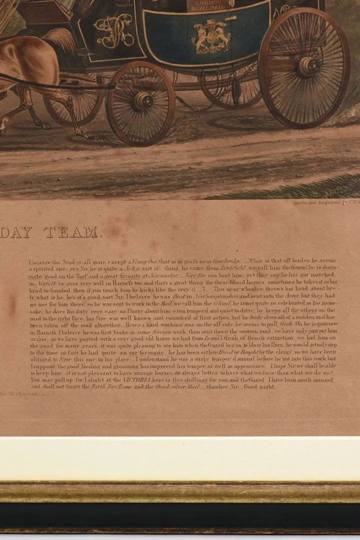 Antique Engraving, Charles Hunt, "The Birth Day Team",  Hand Colored, (1800s)!!