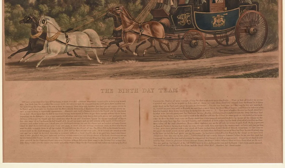 Antique Engraving, Charles Hunt, "The Birth Day Team",  Hand Colored, (1800s)!!