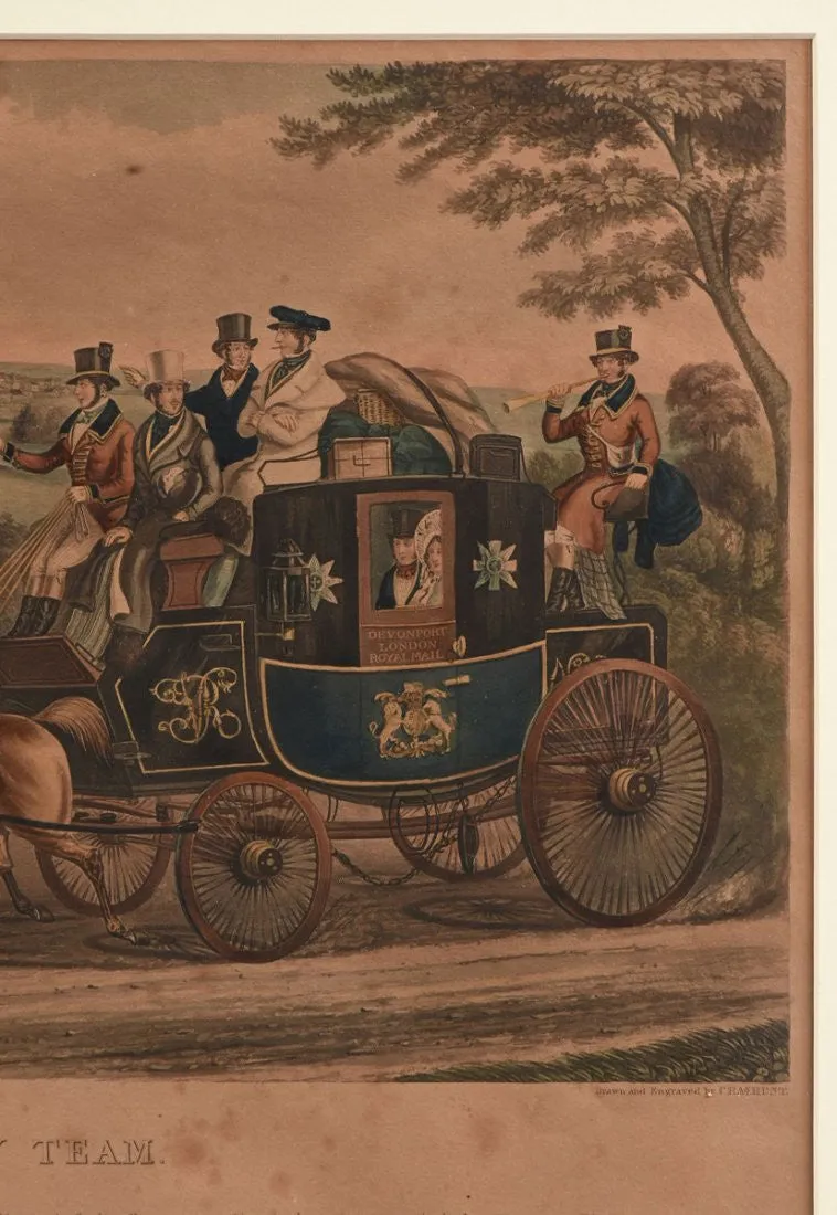 Antique Engraving, Charles Hunt, "The Birth Day Team",  Hand Colored, (1800s)!!