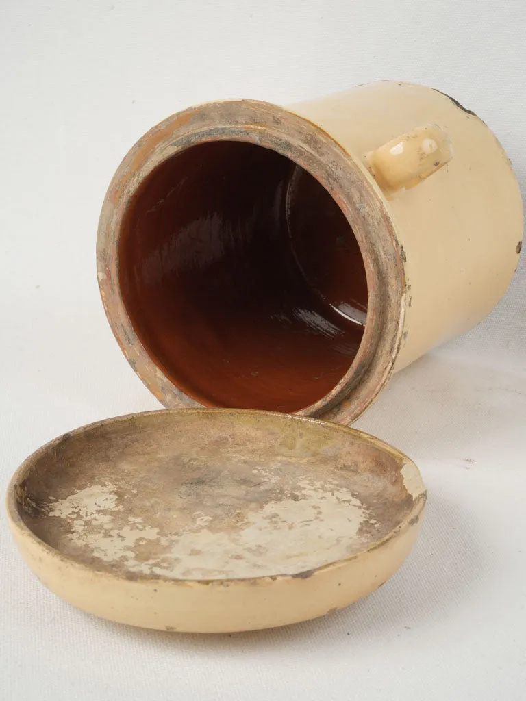 Antique lidded confit pot w/ yellow glaze 10¼"