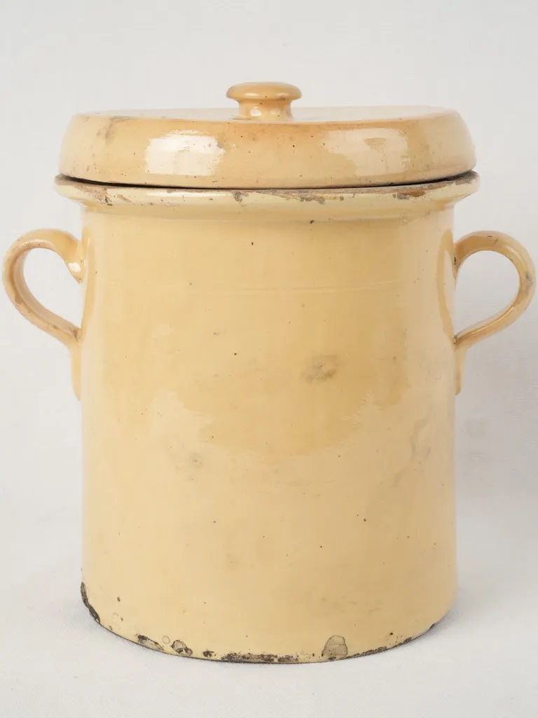 Antique lidded confit pot w/ yellow glaze 10¼"