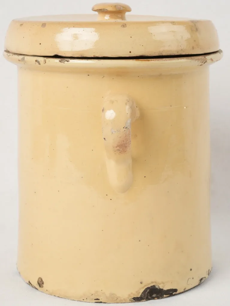 Antique lidded confit pot w/ yellow glaze 10¼"