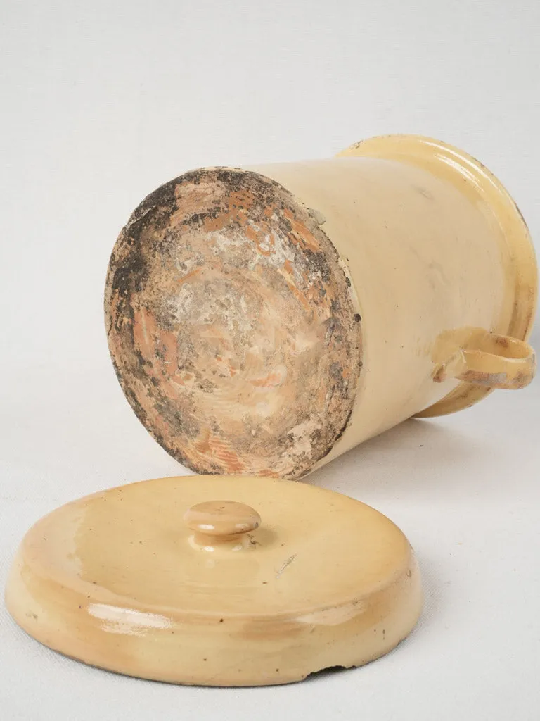 Antique lidded confit pot w/ yellow glaze 10¼"