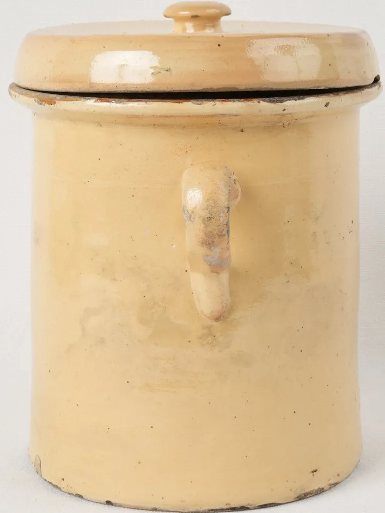 Antique lidded confit pot w/ yellow glaze 10¼"