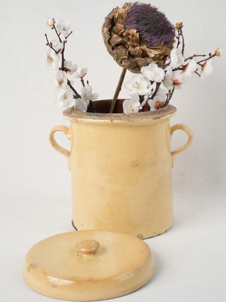 Antique lidded confit pot w/ yellow glaze 10¼"