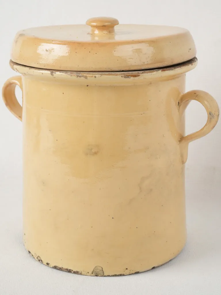 Antique lidded confit pot w/ yellow glaze 10¼"